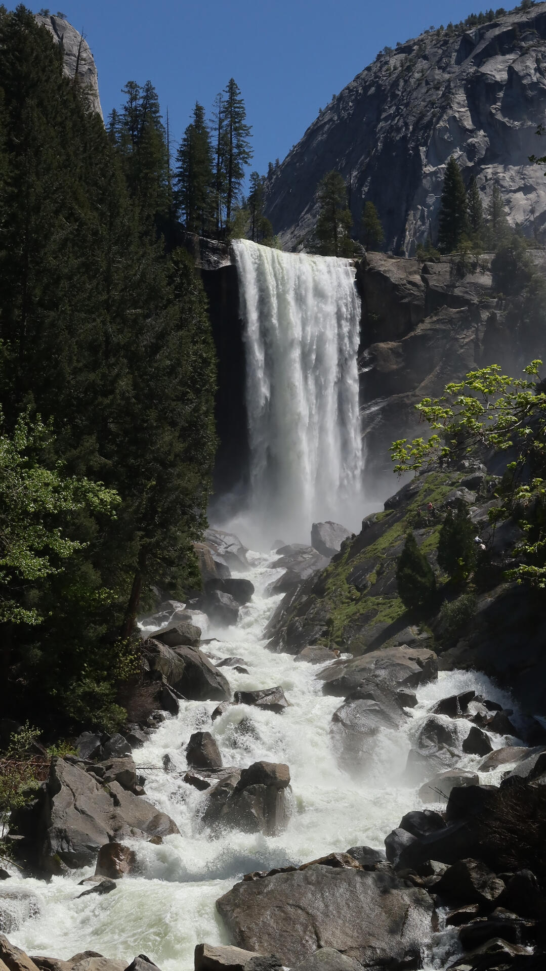 Vernal Falls Waterfall and whitewater river cascading over large boulders framed by trees.